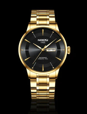 Montre pour hommes bracelet or, fond noir - Nibosi